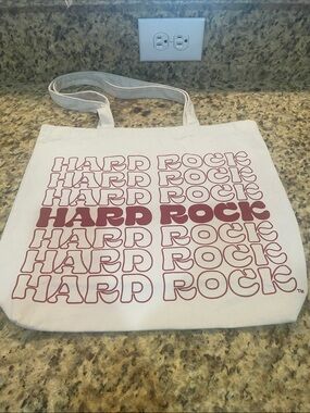 Hard Rock Cafe Cream Canvas Tote with Burgundy Logo Repeat
